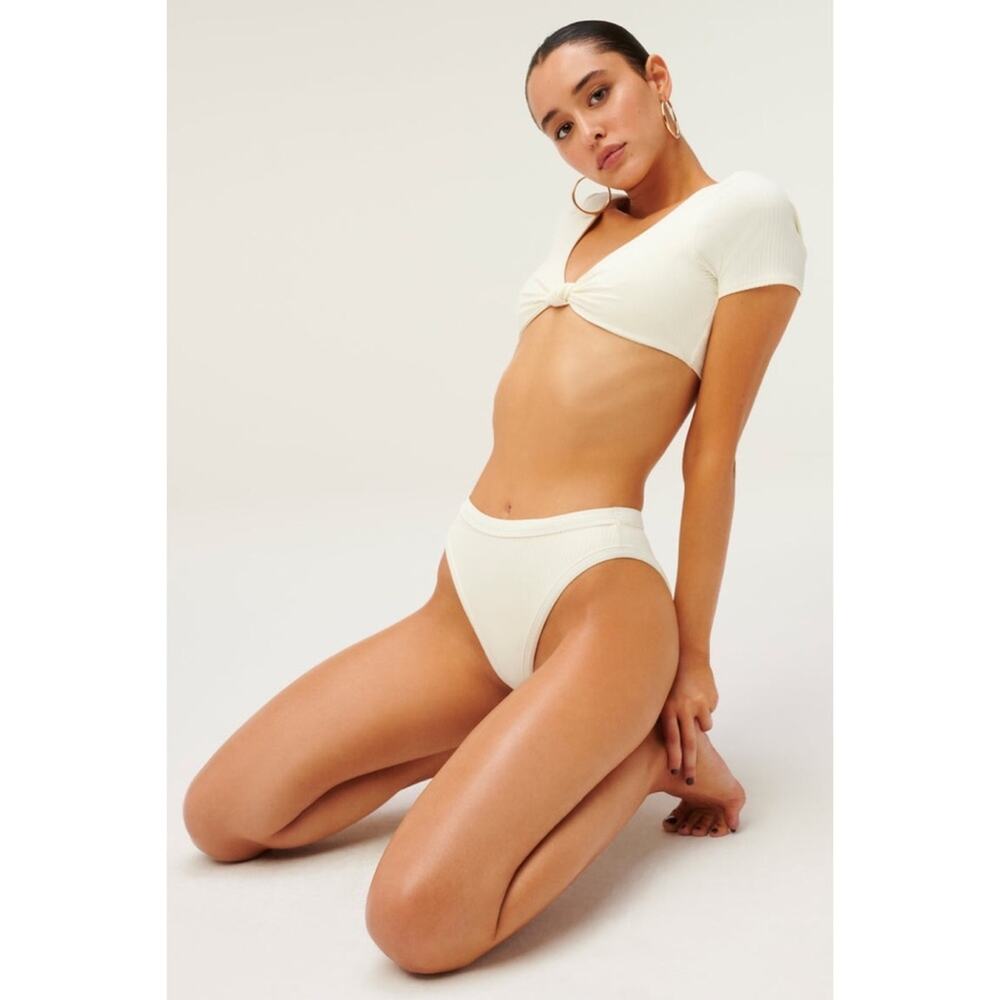Good American High Cut Sport Bikini Bottom Swim Bottoms Ivory Rib White Size XS